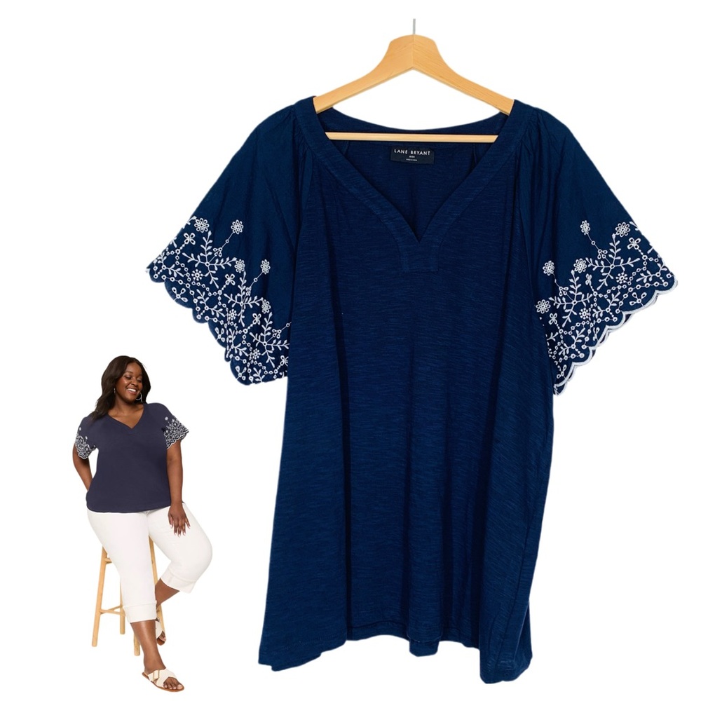 Lane Bryant Navy Blue Embroidered Flutter Sleeve Top (18)